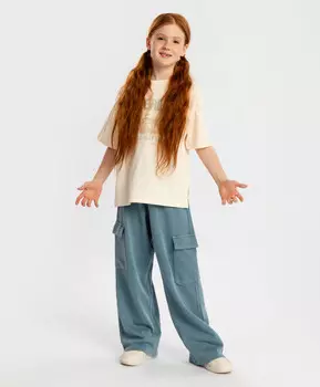 Брюки карго широкие с поясом на резинке и с эффектом варки синие детские Button Blue