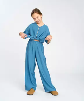 Брюки палаццо легкие для девочки синие с поясом на резинке Button Blue