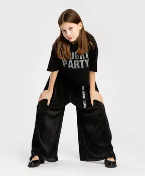 Брюки палаццо с плиссировкой и поясом на резинке черные для девочки Button Blue (110)