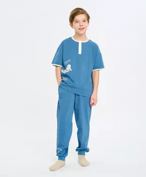 Брюки пижамные джоггеры для мальчика синие с принтом Button Blue