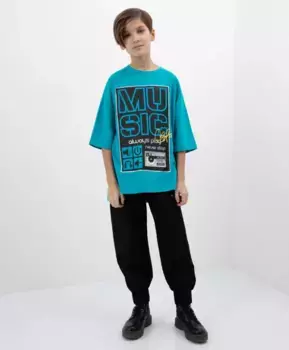 Брюки с тесьмой и серебристым принтом черные Gulliver (170)