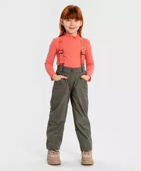 Брюки утепленные демисезонные со спинкой, съемными подтяжками непромокаемые хаки для девочки Button Blue