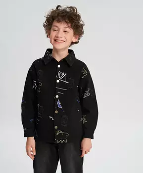 Джинсовая куртка на кнопках принтованная черная для мальчика Button Blue