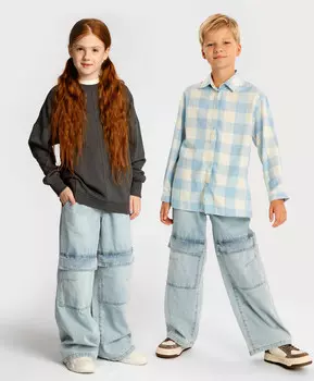 Джинсы багги широкие с карманами на коленях голубые детские Button Blue (164)