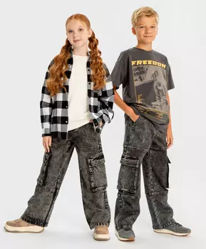 Джинсы багги варенки с внешними швами серые детские Button Blue (164)