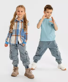 Джинсы карго с шестью карманами и внешними швами голубые детские Button Blue