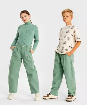 Джинсы свободные Baggy с защипами зеленые детские Button Blue (140)