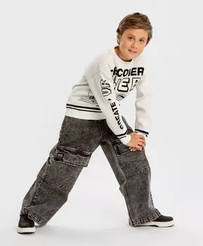 Джинсы трубы Baggy с огромными карманами на коленях серые детские Button Blue