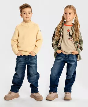 Джинсы утепленные прямые с эффектом варки синие детские Button Blue