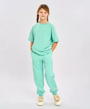 Джоггеры базовые детские утепленные с поясом на резинке зеленые Button Blue