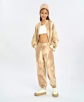 Джоггеры для девочки бежевые с поясом на резинке и защипами на коленях Button Blue