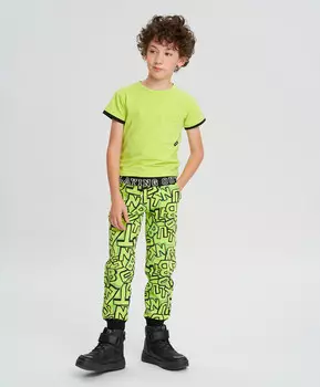 Джоггеры с поясом на резинке и олловер принтом салатовые для мальчика Button Blue