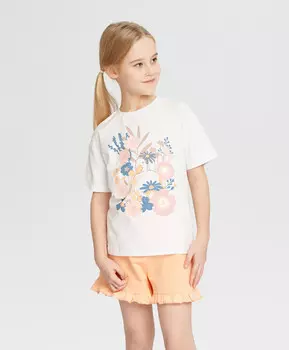 Футболка для девочки белая с коротким рукавом и принтом Button Blue