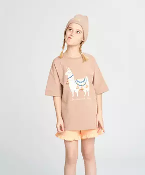 Футболка для девочки бежевая с коротким рукавом и принтом ламы Button Blue