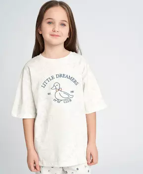 Футболка для девочки оверсайз белая с коротким рукавом и принтом Button Blue