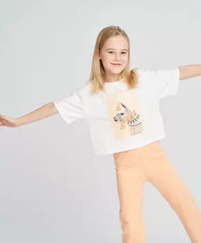 Футболка кроп топ для девочки белая с коротким рукавом и принтом Button Blue