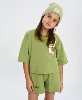 Футболка кроп топ для девочки зеленая оверсайз с принтом Button Blue