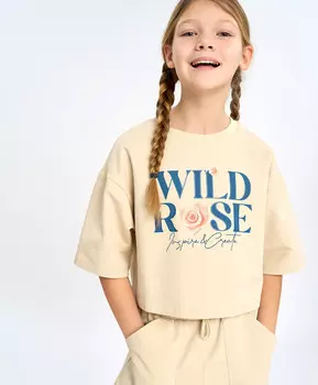 Футболка кроп топ с коротким рукавом для девочки молочная с принтом Button Blue