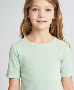 Футболка кроп топ в рубчик для девочки зеленая с эффектом варки Button Blue