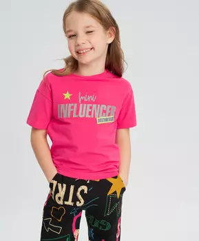 Футболка оверсайз с блестящим принтом розовая для девочки Button Blue