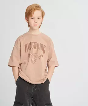 Футболка оверсайз с коротким рукавом для мальчика бежевая с принтом Button Blue