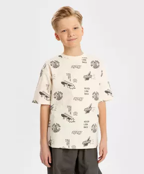 Футболка оверсайз с коротким рукавом и олловер принтом молочная для мальчика Button Blue