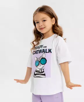 Футболка оверсайз с принтом белая для девочки Button Blue (122)