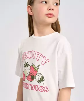 Футболка с коротким рукавом для девочки белая оверсайз с принтом Button Blue