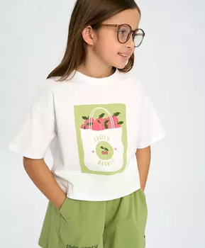 Футболка с коротким рукавом для девочки белая оверсайз с принтом Button Blue