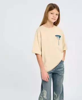 Футболка с коротким рукавом для девочки молочная оверсайз с принтом Button Blue