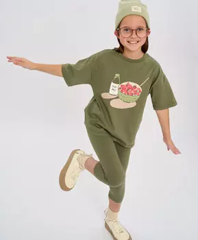 Футболка с коротким рукавом для девочки зеленая оверсайз с принтом Button Blue