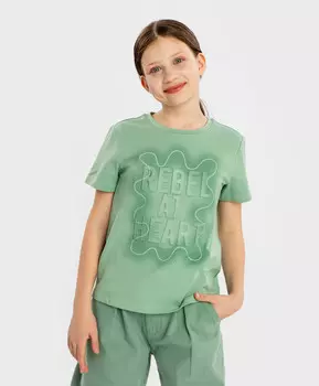 Футболка с коротким рукавом и объемным принтом зеленая для девочки Button Blue (140)