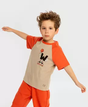 Футболка с коротким рукавом и принтом бежево-оранжевая для мальчика Button Blue
