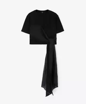 Футболка силуэта умеренный оверсайз с ниспадающими текстильными деталями черная GLVR