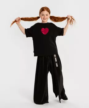 Футболка укороченная оверсайз с коротким рукавом с пайетками черная для девочки Button Blue (110)