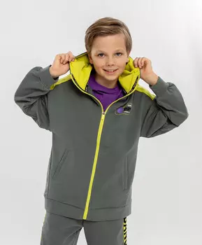 Худи на молнии с принтом серое для мальчика Button Blue (140)