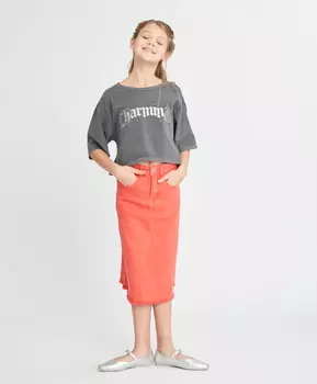 Юбка джинсовая миди для девочки коралловая с необработанным низом Button Blue