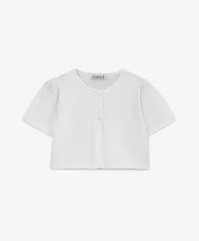 Кардиган для девочки с коротким рукавом из мерсеризированной пряжи белый Gulliver