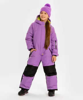 Комбинезон зимний непромокаемый с капюшоном, вшитыми лямками и пятью карманами фиолетовый для девочки Button Blue
