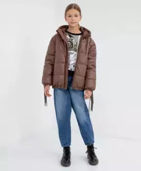 Куртка-бомбер демисезонная из эко-кожи с бахромой Gulliver (152)