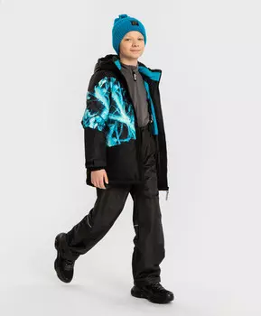 Куртка демисезонная непромокаемая с капюшоном, манжетами-митенками и с бретелями внутри черная для мальчика Button Blue