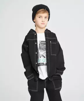 Куртка джинсовая оверсайз на кнопках детская черная с капюшоном Button Blue