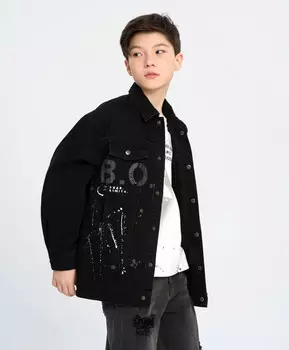 Куртка джинсовая оверсайз на кнопках для мальчика серая с принтом Button Blue