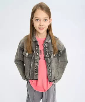 Куртка джинсовая укороченная на кнопках для девочки серая Button Blue