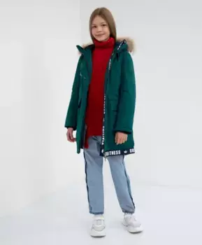 Куртка-парка зимняя с шрифтовым декором и натуральным мехом Gulliver (164)