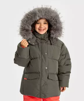 Куртка зимняя с капюшоном с мехом и принтом лапки хаки для девочки Button Blue (110)