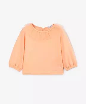 Лонгслив для девочки с оборками по горловине коралловый Gulliver