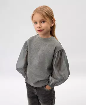 Лонгслив для девочки с отделочными рукавами серый меланж Roberto Moretti
