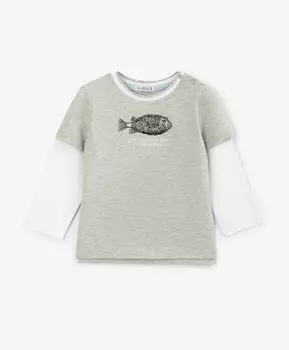 Лонгслив для мальчика с принтом с имитацией многослойности из пике двухцветный Gulliver