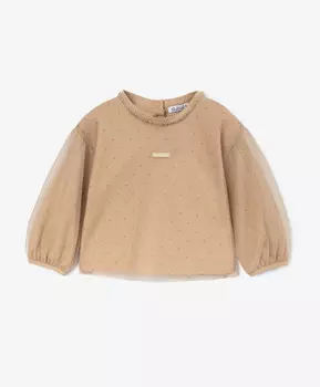 Лонгслив из трикотажа и тонкой сетки бежевый для девочки Gulliver